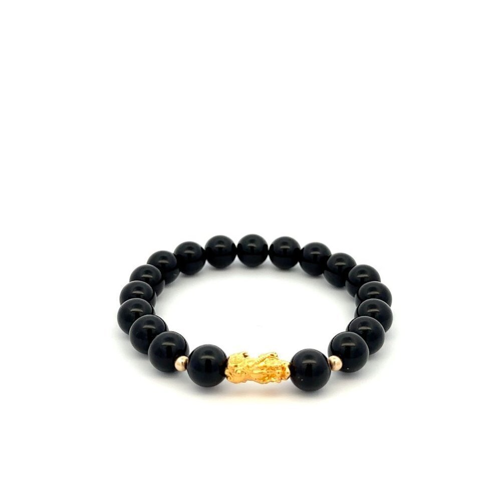 18K Gold Dragon Pixiu Piyao Lucky Charm Bead Bracelet Gemstone Black Onyx 8mm